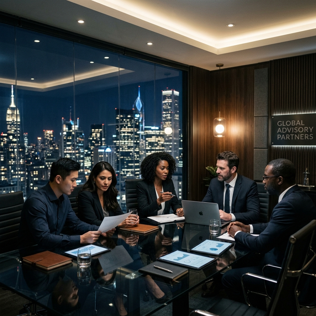 Consultants in a modern boardroom overlooking city skyline